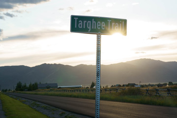 Nature valley landscape. Village rancho. Green valley. Sunset over landscape valley. 