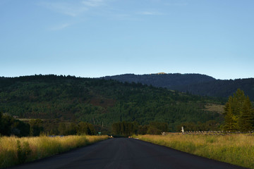 Nature valley landscape. Village rancho. Green valley. Sunset over landscape valley. 