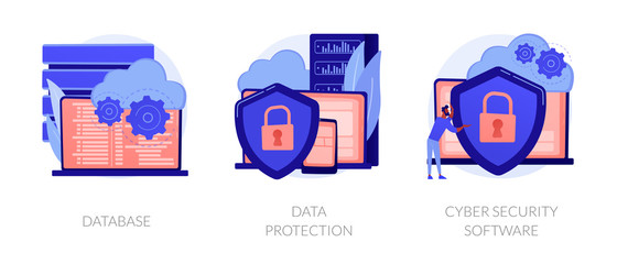 Data protection metaphors set. Database, cyber security, control, protection of computer services and electronic information colorful icons pack. Vector isolated concept metaphor illustrations