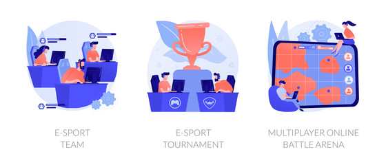 Online games, virtual reality, internet content. Players with joysticks. E-sport-team, e-sport-tournament, multiplayer online battle arena metaphors. Vector isolated concept metaphor illustrations.