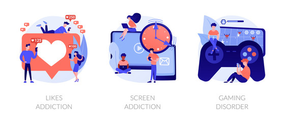 Technology addiction, lack of live communication, psychological problems. Likes addiction, screen addiction, gaming disorder metaphors. Vector isolated concept metaphor illustrations.
