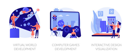 VR space exploring. Digital simulation. Virtual world development, computer games development, interactive design visualization metaphors. Vector isolated concept metaphor illustrations © Visual Generation