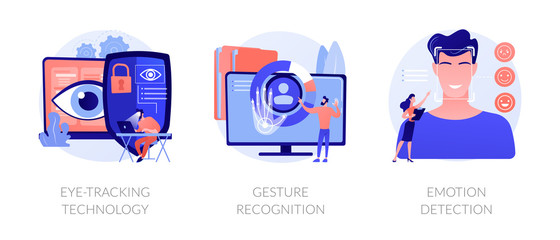 Modern sensor tech. Human-computer and user interface interaction methods. Eye-tracking technology, gesture recognition, emotion detection metaphors. Vector isolated concept metaphor illustrations.