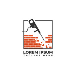 Dismantling Brick Wall with Demolition Hammer Logo Vector Icon Illustration