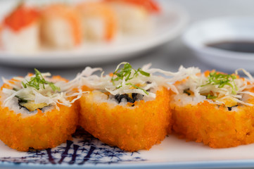 Sushi is beautifully arranged on the plate.