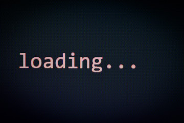 Loading message on display screen black background data progress loading complete alert computer network system software concept