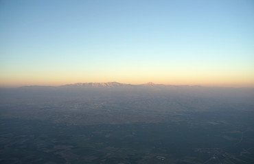 Panoramic view of mountain landscape from the balloon in the sky