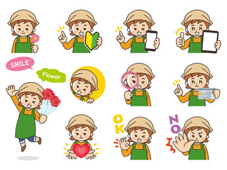 花屋の女性バリエーション　初心者マーク　スマートフォン　タブレット　虫眼鏡　クレジットカード　ハート　OK　NO