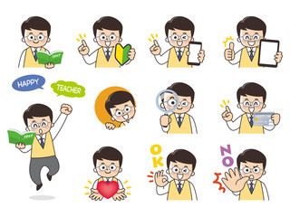 教師の男性バリエーション　初心者マーク　スマートフォン　タブレット　虫眼鏡　クレジットカード　ハート　OK　NO