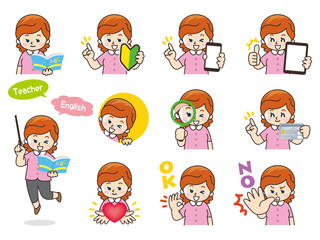 英語教師の女性バリエーション　初心者マーク　スマートフォン　タブレット　虫眼鏡　クレジットカード　ハート　OK　NO