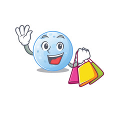 Rich and famous blue moon cartoon character holding shopping bags
