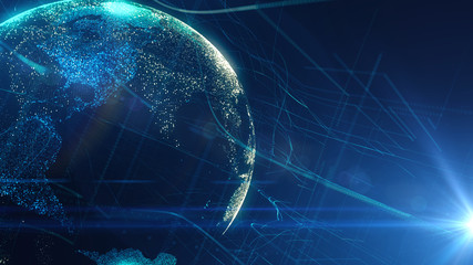 Digital Globe Cyber network with lens flare effect.Abstract World Map Business Background.Modern digital  global connectivity