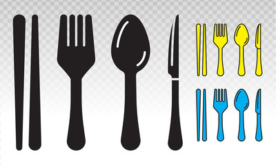 equipment dining silverware or tableware vector flat icon ( spoons, knife, chopsticks and fork) on a transparent background