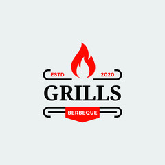 Vintage Grill Barbeque barbecue bbq with crossed fork and fire flame Logo design