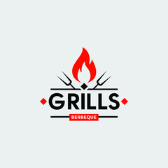 Vintage Grill Barbeque barbecue bbq with crossed fork and fire flame Logo design