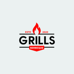 Vintage Grill Barbeque barbecue bbq with crossed fork and fire flame Logo design