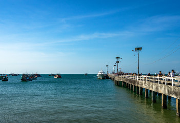 Fototapeta na wymiar Sea and boats at Nha beach on Son island, Kien Giang, Vietnam. Near Phu Quoc island