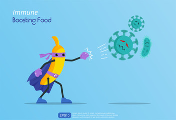 Funny cartoon character of banana superhero fight against outbreak viruses and bacteria. Power of immune boosting food concept to fight disease. vector illustration
