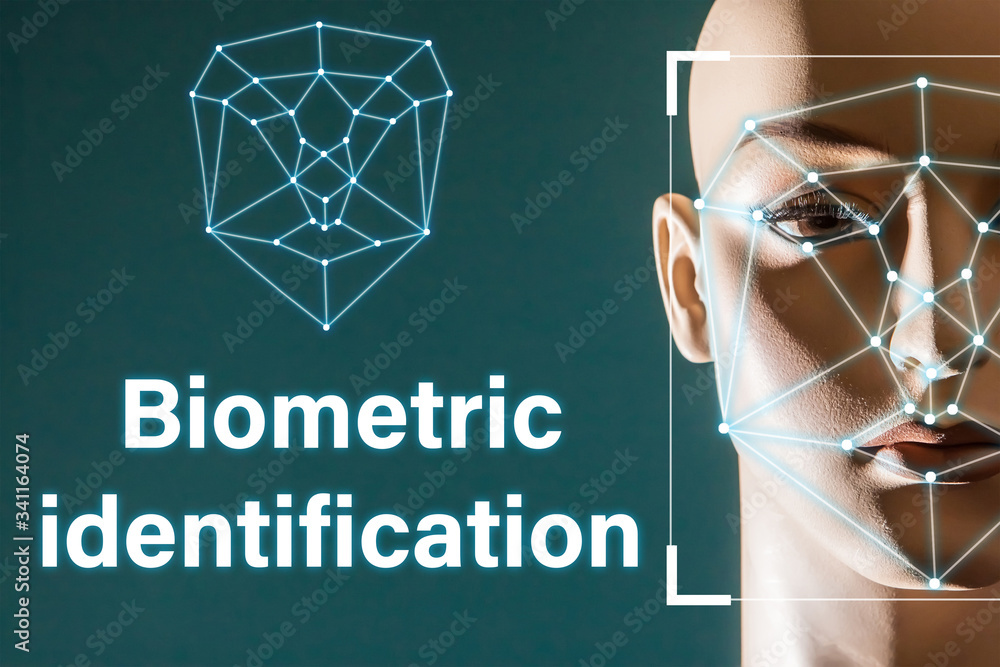 Poster biometric identification. demonstration of identification by the geometry of the face near inscripti