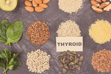 Products and ingredients as best nutritious food for healthy thyroid. Natural eating containing vitamins