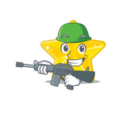 A cartoon picture of shiny star in Army style with machine gun