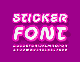 Vector Sticker Font. Creative bright Alphabet. Violet and White Alphabet Letters and Numbers