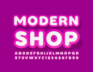 Vector bright logo Modern Shop with stylish sticker Font. Violet and White Alphabet Letters and Numbers