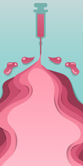 Paper layer art background of blood spill from syringe and needle with copy space for text and message.