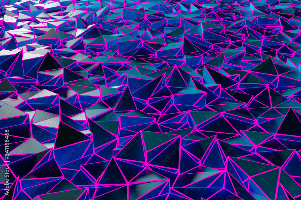 Poster 3d rendering. purple pattern of triangles of different shapes. minimalistic pattern of simple shapes