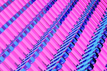 Obraz premium Blue-pink corner made of geometric simple lines. Bright creative symmetric pattern, texture. repeatable minimalistic background.3D rendering.