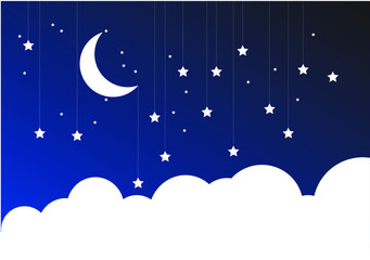 Fototapeta na wymiar Night Sky Paper Clouds Stars Moon on String. Blue background with clouds. Place for your text.