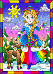 Obraz na płótnie Canvas An illustration in the style of a stained glass window on the theme of winter holidays, a cheerful cartoon of a girl and a fawn, against the background of a winter day landscape in a bright frame