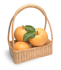 Snow pear or Feng Shui pear on white background, Korean pear in the basket, 