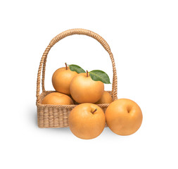 Snow pear or Feng Shui pear on white background, Korean pear in the basket, 
