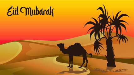 silhouette of camel and palm tree in desert