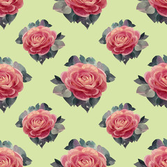 Seamless pattern watercolor hand-drawn pink flower with leaves peony camellia rose brush stroke on green background creative art wrapping textile