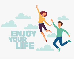Fototapeta na wymiar Young people jumping on white background with copy space. Stylish modern vector illustration with happy male and female teenagers Party, sport, dance and friendship team 