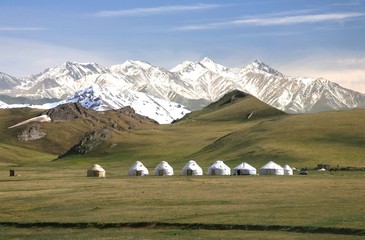The ger camp in a large meadow at Song kul lake ,  Naryn of Kyrgyzstan - 341174025
