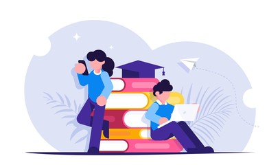 Online education. Students view lessons through mobile devices during distance learning. Modern flat vector illustration.