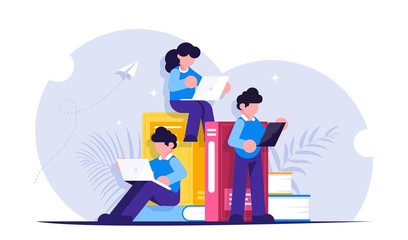 Distance or online learning. People with portable electronic devices stand near a stack of books. Modern flat vector illustration.