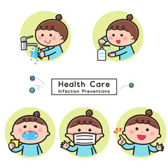 Infectious disease prevention / hand washing / disinfection / gargling / mask / girl