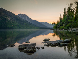Sunrise over Jenny Lake in Grand Tetons national park, USA