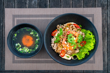 Hu Tieu Nam Vang or Hu Tiu Nam Vang Vietnamese food, Phnom-penh clear rice noodle soup, famous food originated from Cambodia at Phu Quoc island, Vietnam. High view to Duong Dong town