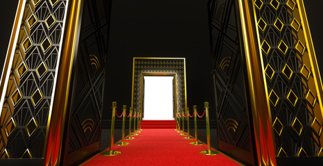 3D rendering of a long red carpet between rope barriers with stair and door at the end