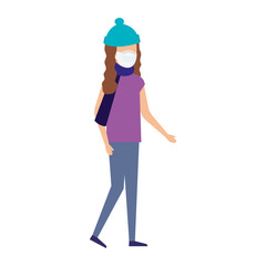 young woman with hat and scarfusing face mask vector illustration design