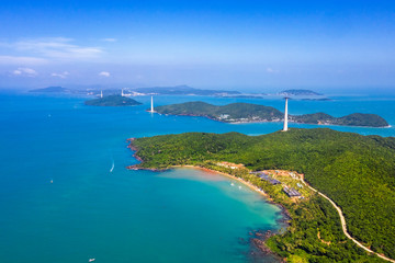 Fototapeta premium Aerial view of The Longest Cable Car situated on the Phu Quoc Island in South Vietnam. View on area Thom island, Kien Giang