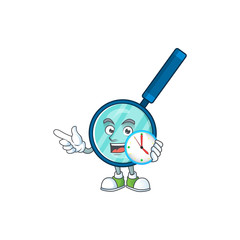 Magnifying glass mascot design concept holding a circle clock