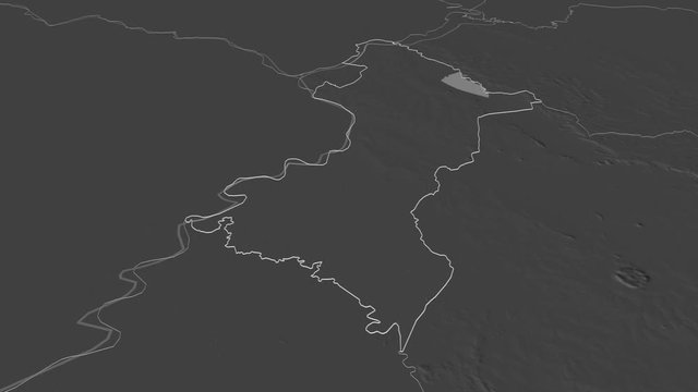 Central, department with its capital, zoomed and extruded on the bilevel map of Paraguay in the conformal Stereographic projection. Animation 3D