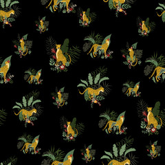 Fototapeta na wymiar Seamless pattern with wild jungle Cheetahs in different poses and exotics floral and leaves. Tropical cats on black backdrop. Vector animalistic surface design.