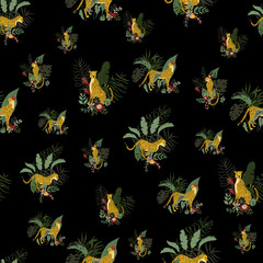 Fototapeta premium Seamless pattern with wild jungle Cheetahs in different poses and exotics floral and leaves. Tropical cats on black backdrop. Vector animalistic surface design.